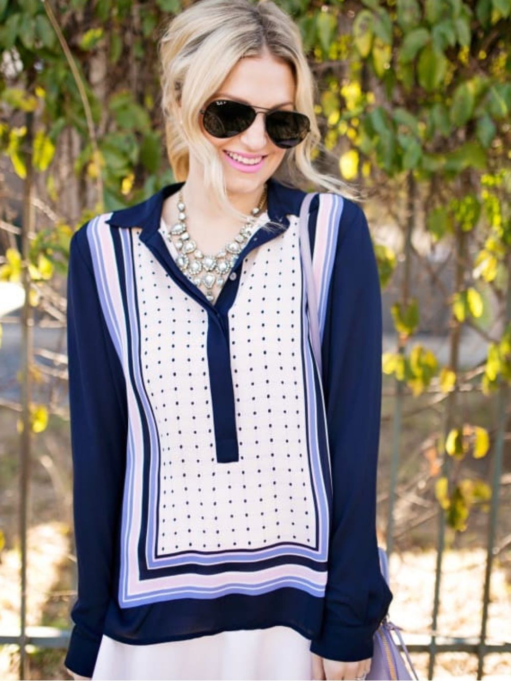 LOFT S Navy Relaxed Fit Preppy Handkerchief Geo Border Print Long Sleeve Blouse
